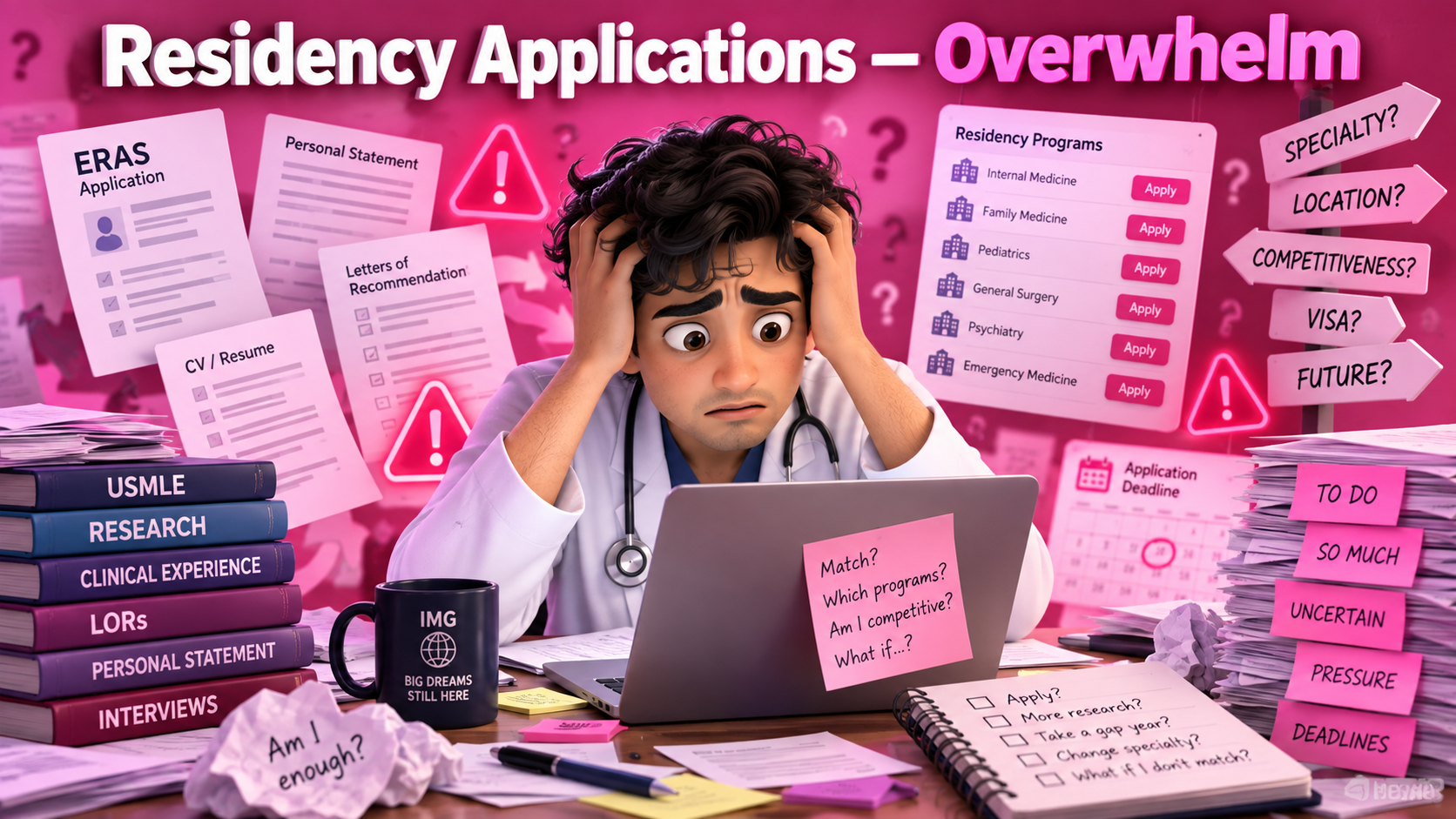 An overwhelmed doctor surrounded by residency application paperwork and deadlines